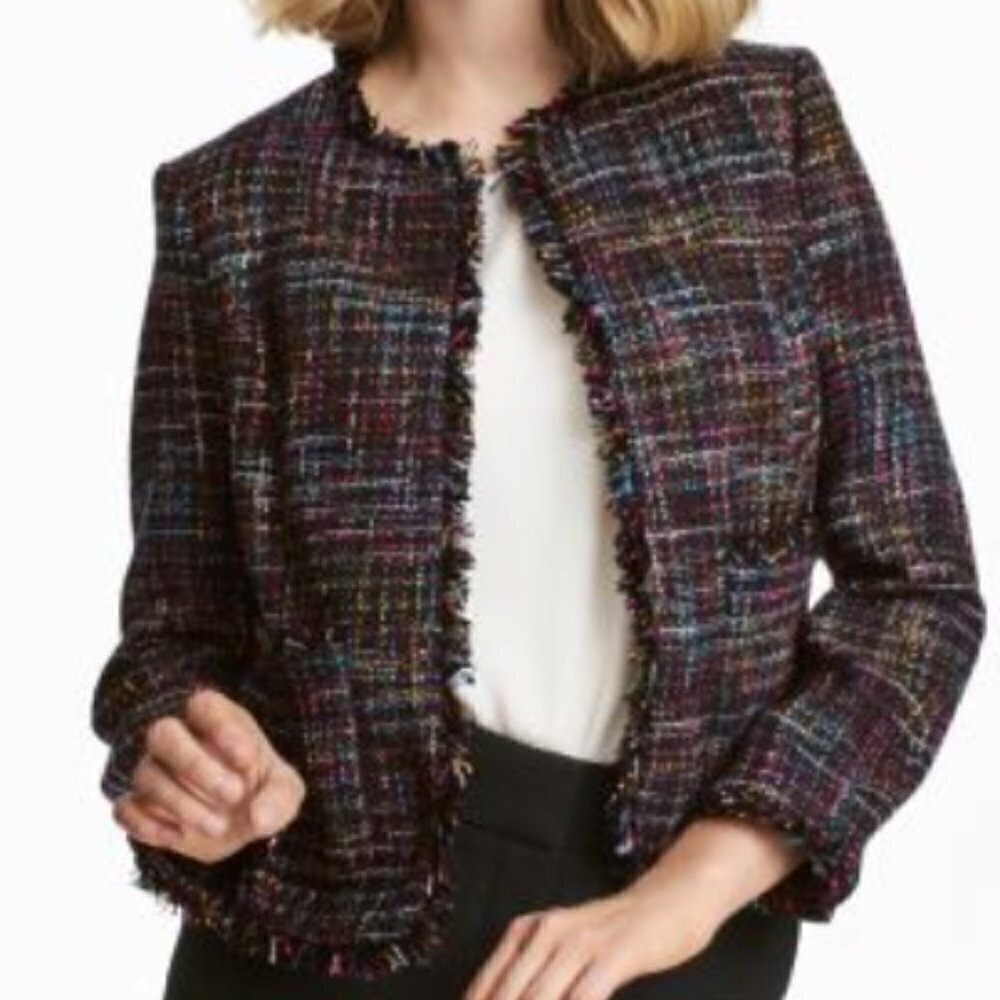 H& M Tweed Woven Textured Raw, Frayed Edge Short Jacket Size 6 NWT